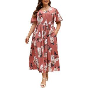 Women's Plus Size Maxi Dress Boho Floral Casual Sundress with Pockets